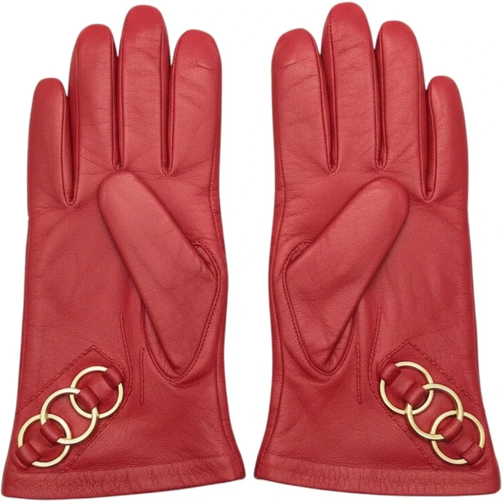 Vintage Women's Lazarus Red Leather Gloves Size 6.5 Made In‎ Italy Gold Accents